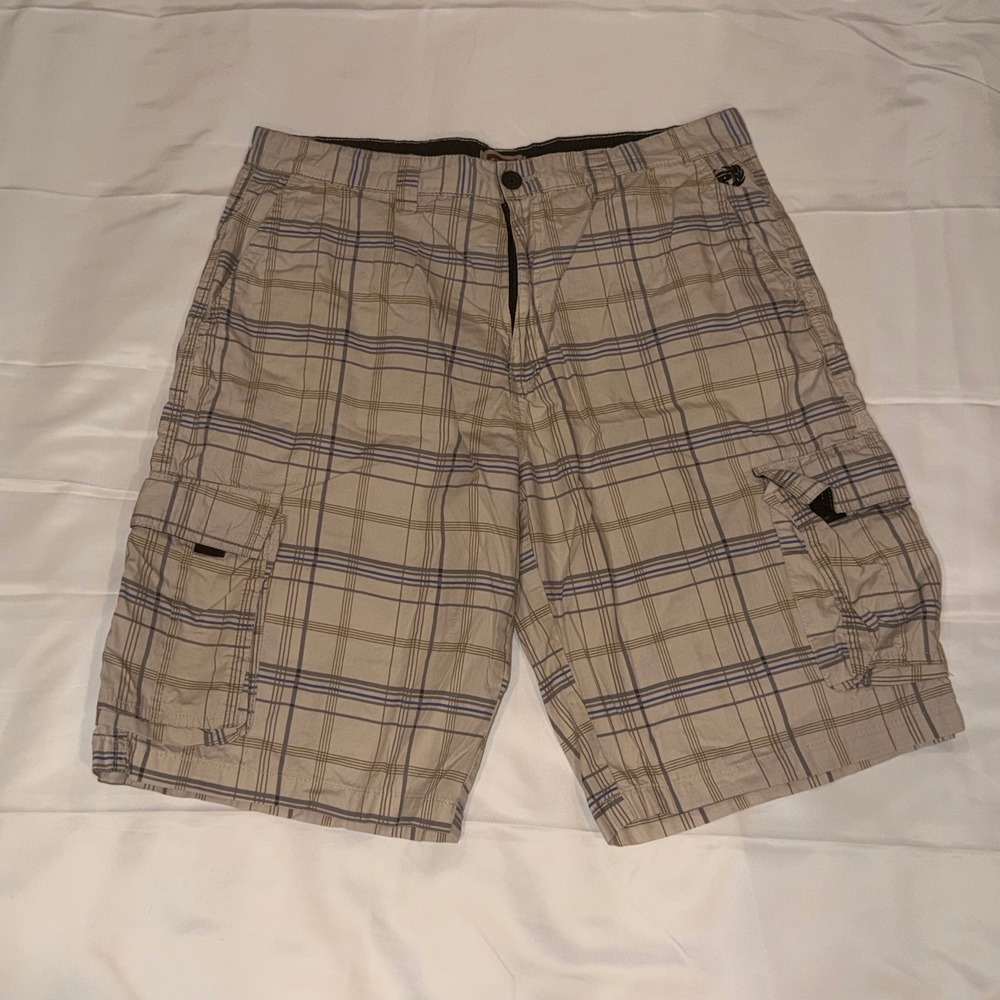 Phat Farm Cargo Shorts Mens 34 Tan Plaid Y2K Streetwear Cotton Check Baggy